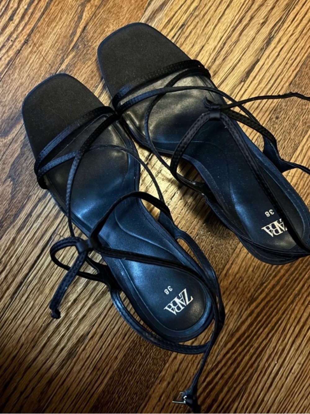Zara Black Lace-Up Square-Toe Heeled Sandals